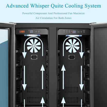 Lanbo Réfrigérateur à vin et à boissons de 24 pouces à double zone, 18 bouteilles et 55 canettes, en acier inoxydable et verre avec porte à la française
