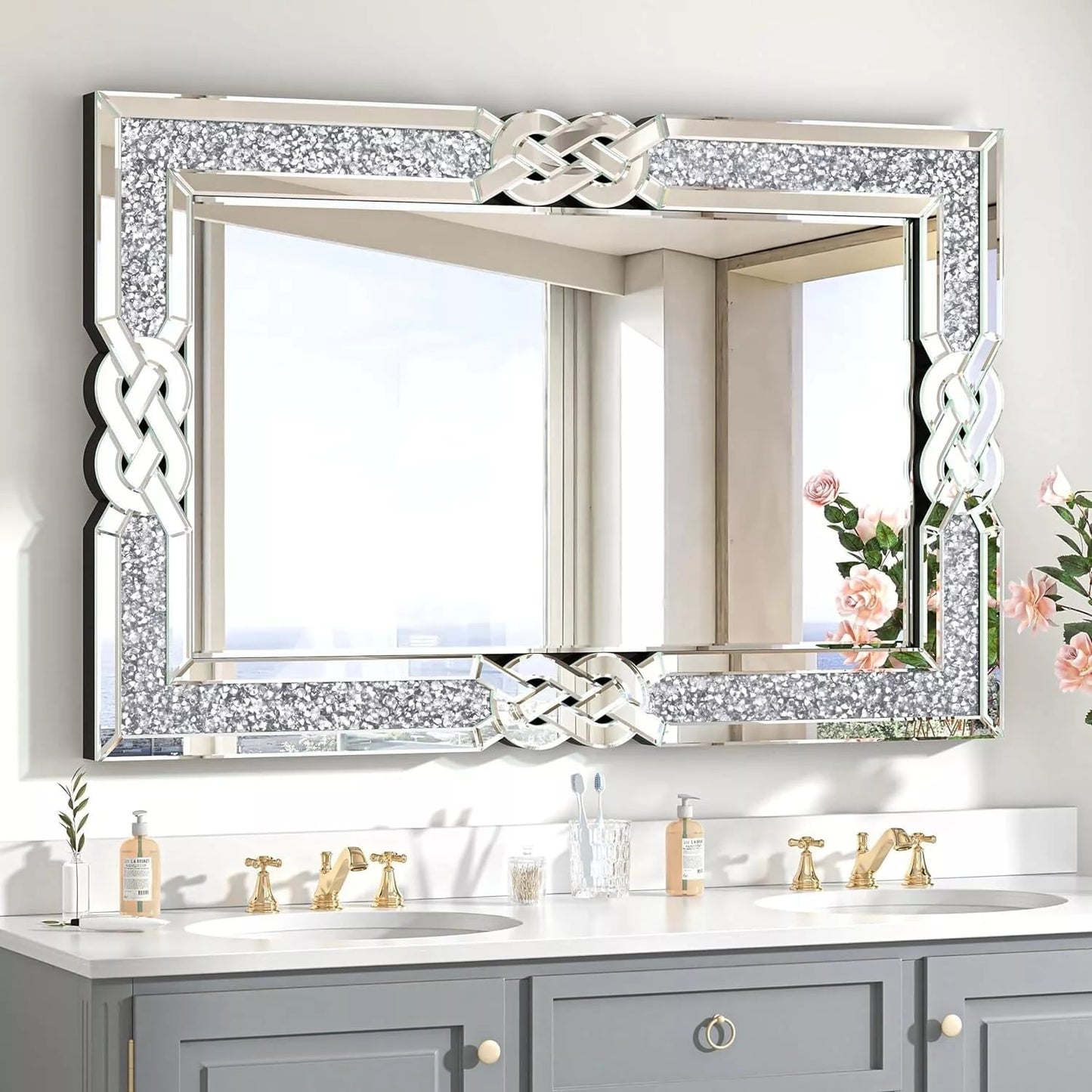 Grand miroir mural rectangulaire à facettes avec perles de cristal, à assembler.