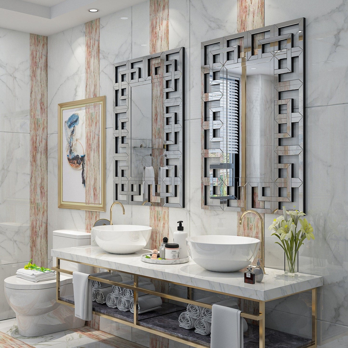 Grand miroir décoratif mural avec cadre géométrique argenté.