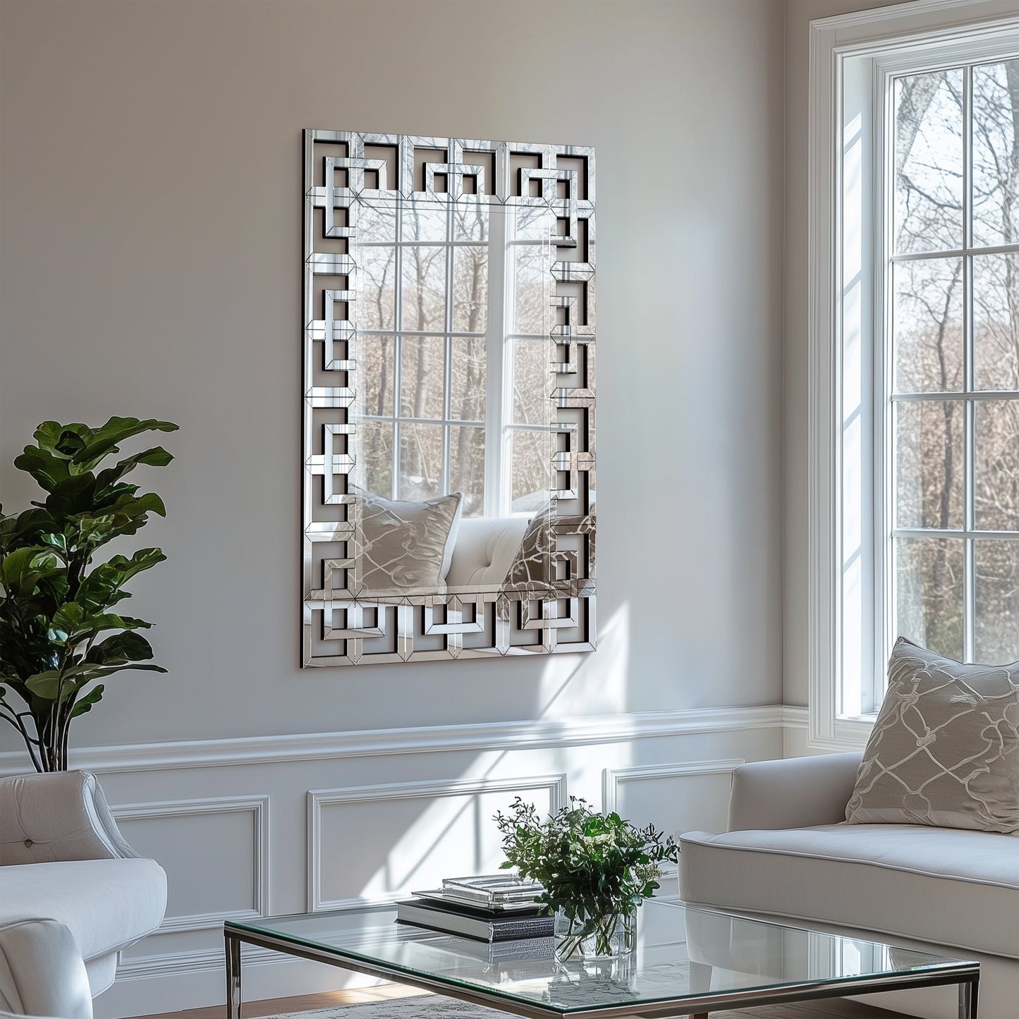 Grand miroir décoratif mural avec cadre géométrique argenté.
