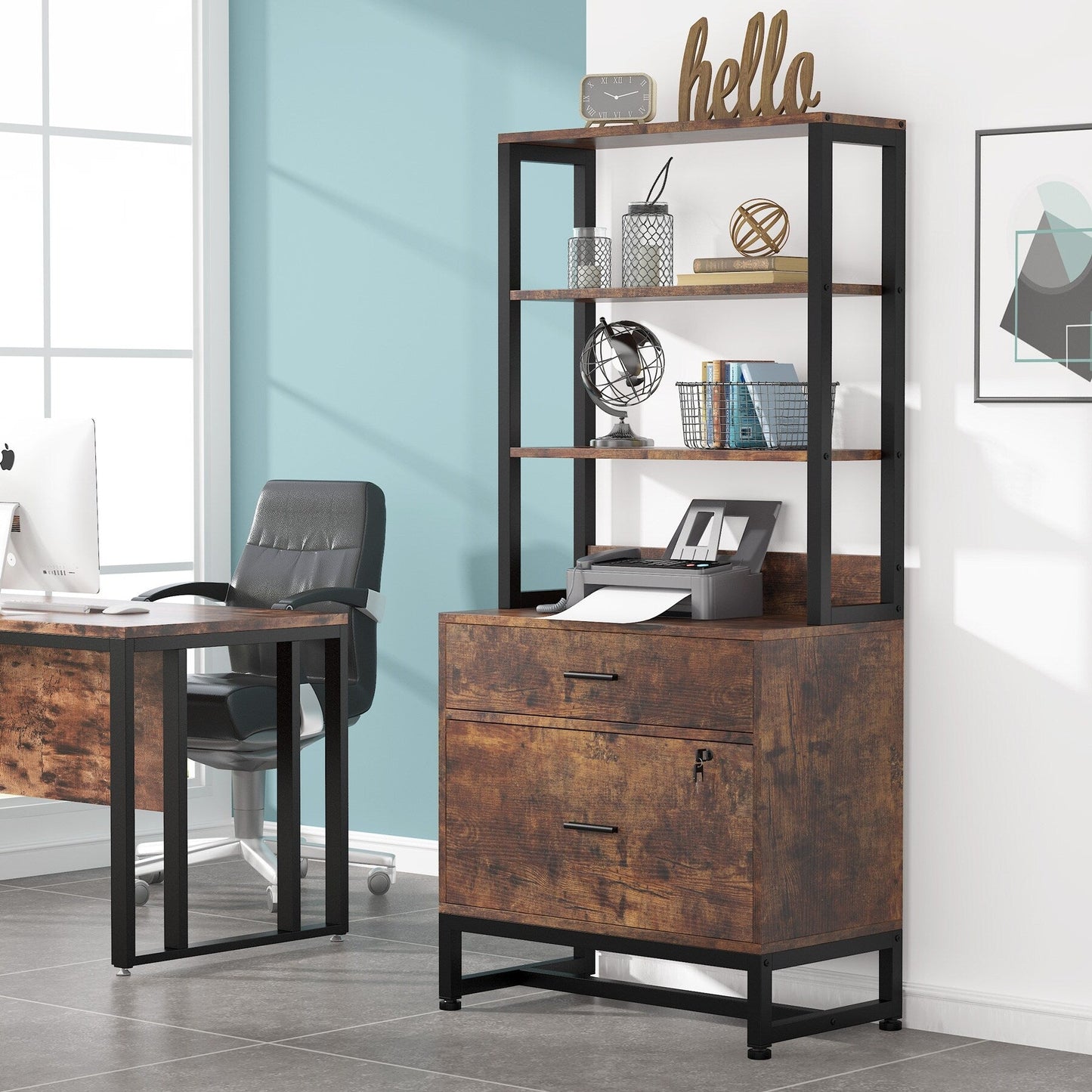 Armoire à dossiers avec 2 tiroirs, meuble de rangement moderne avec support d'imprimante et verrouillage