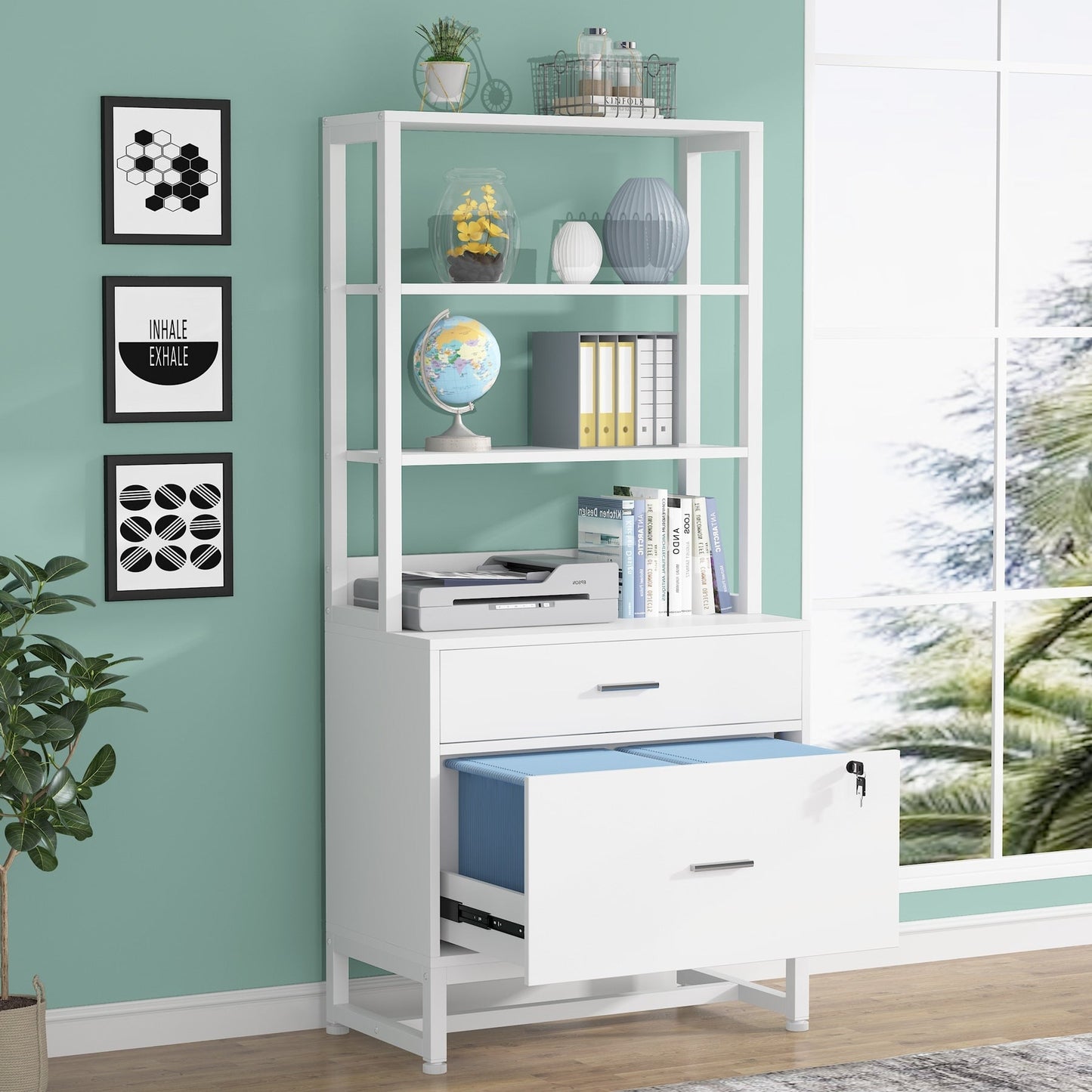 Armoire à dossiers avec 2 tiroirs, meuble de rangement moderne avec support d'imprimante et verrouillage