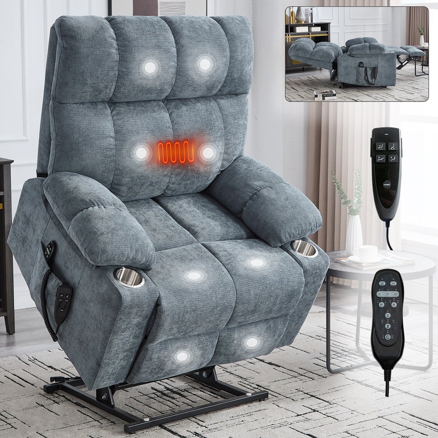 Lazy Boy Dual Motor Chenille Power Lift Recliner w/Massage and Lumbar Heating, Dual Cup Holders, Grey-Blue