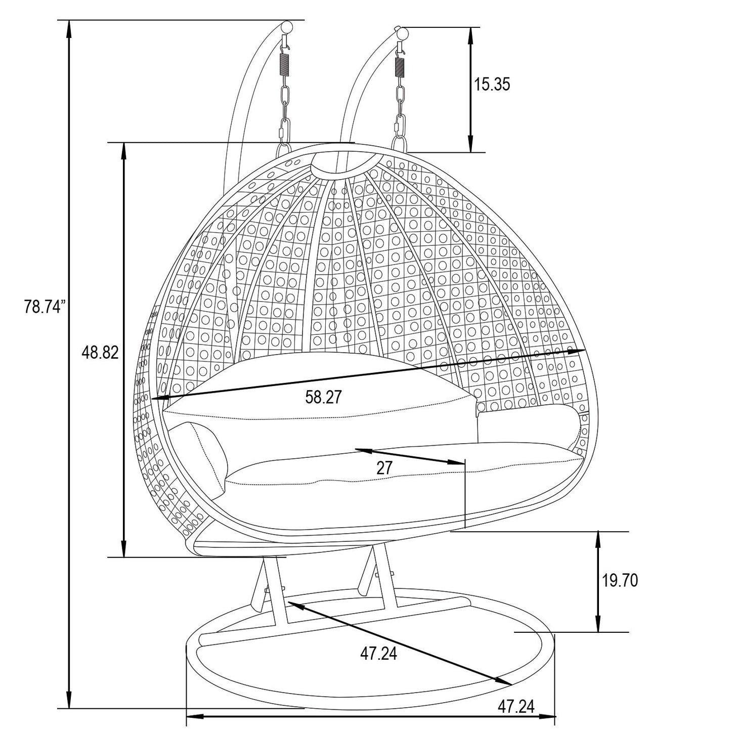 LeisureMod Chaise suspendue en forme d'œuf pour 2 personnes avec support - Hamac balançoire en rotin tressé pour intérieur/extérieur avec coussins