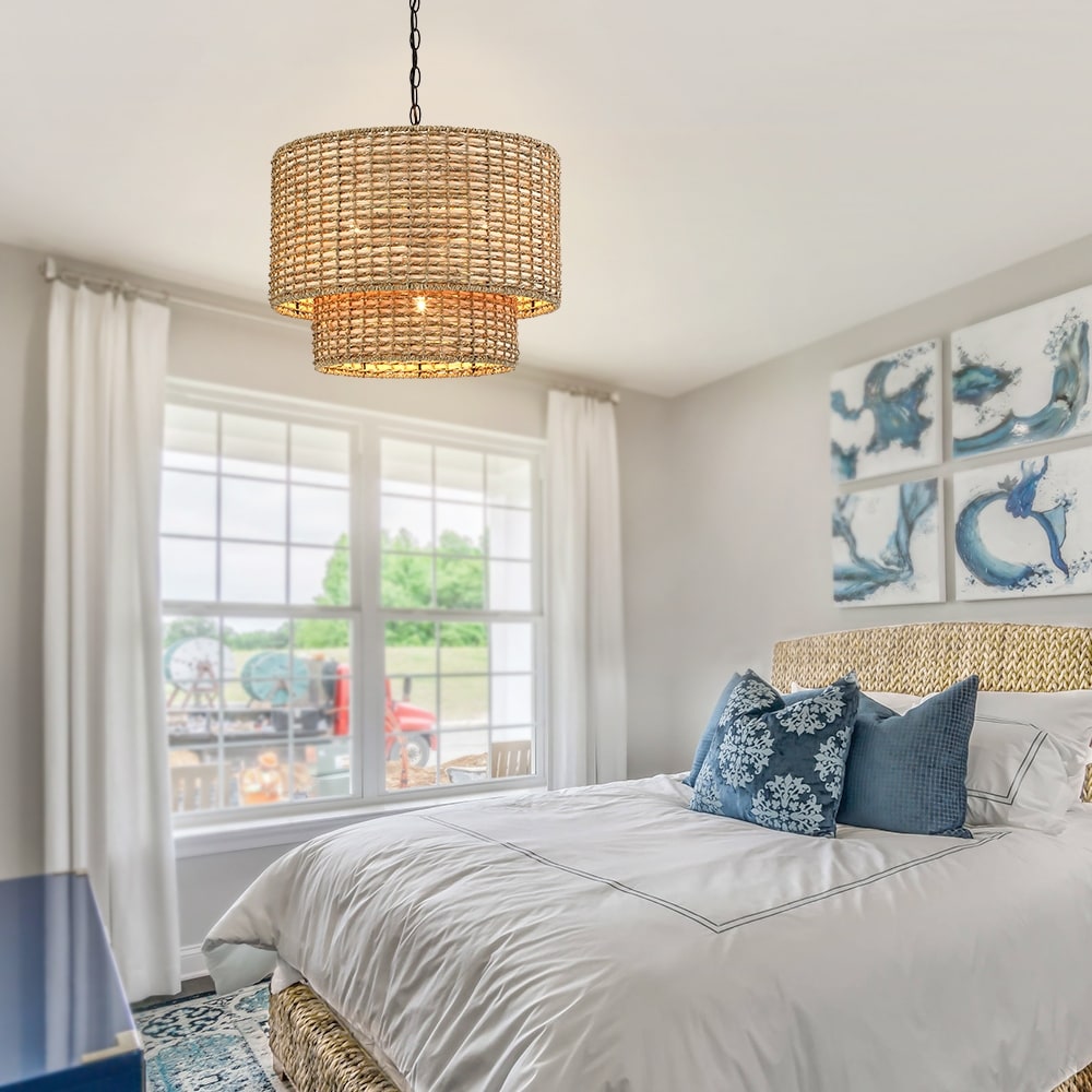 Luminaire à suspension à plusieurs niveaux en rotin Lennie, 4 lumières, 50 cm (20 po), avec abat-jour noir - 50 cm (20 po) L - 50 cm (20 po) L