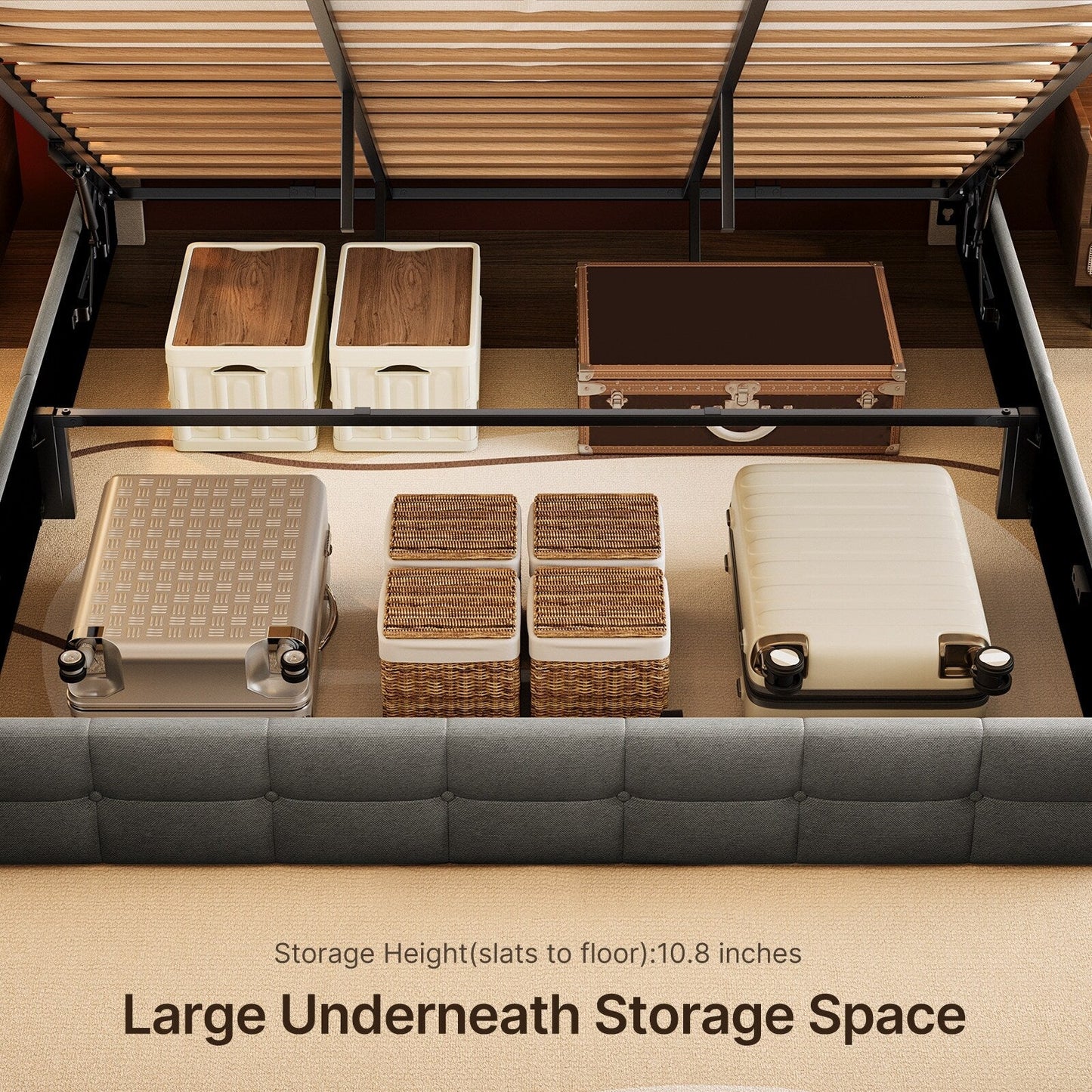 Cadre de lit coffre relevable, cadre de lit plateforme capitonné avec système de rangement hydraulique et tête de lit.