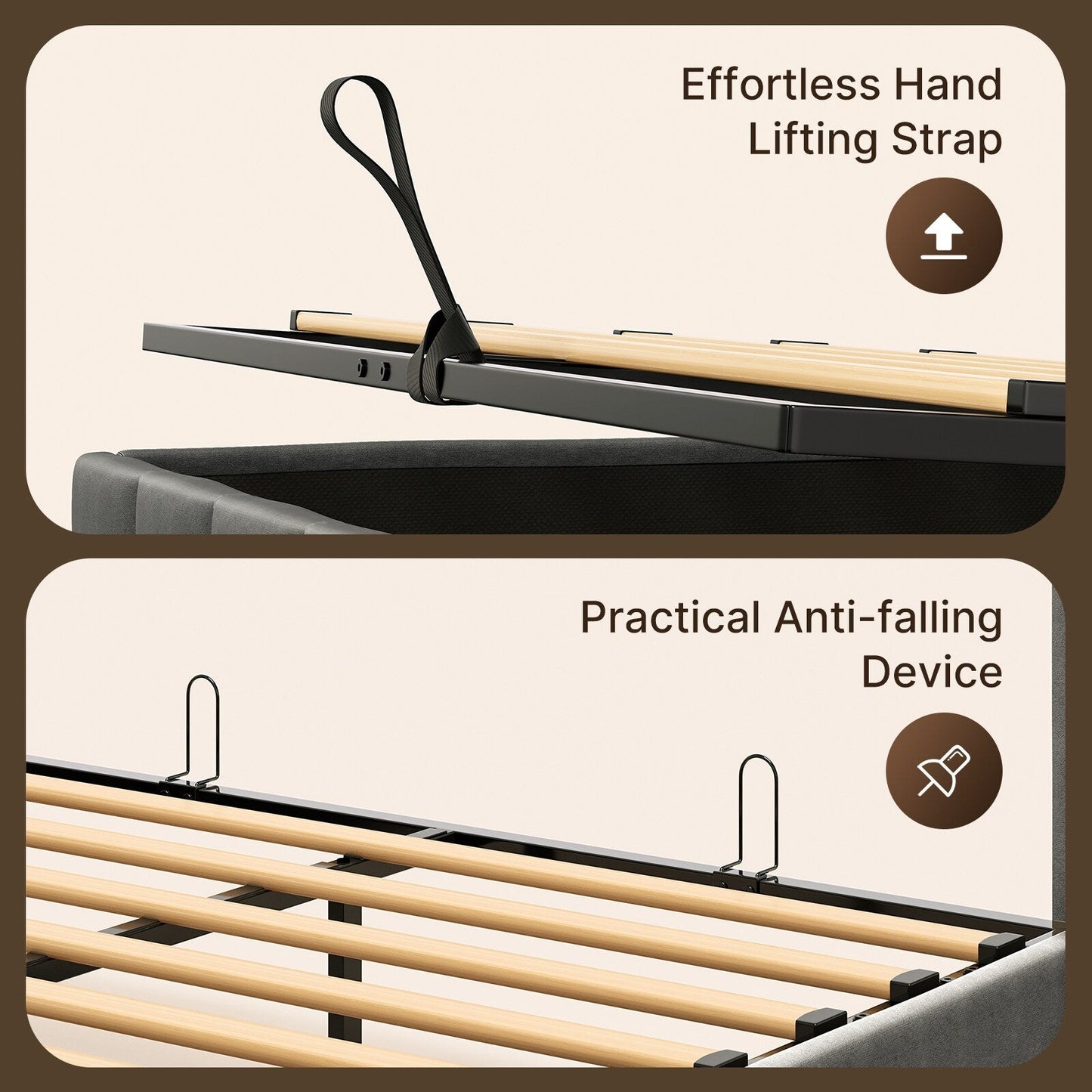 Cadre de lit coffre relevable, cadre de lit plateforme capitonné avec système de rangement hydraulique et tête de lit.