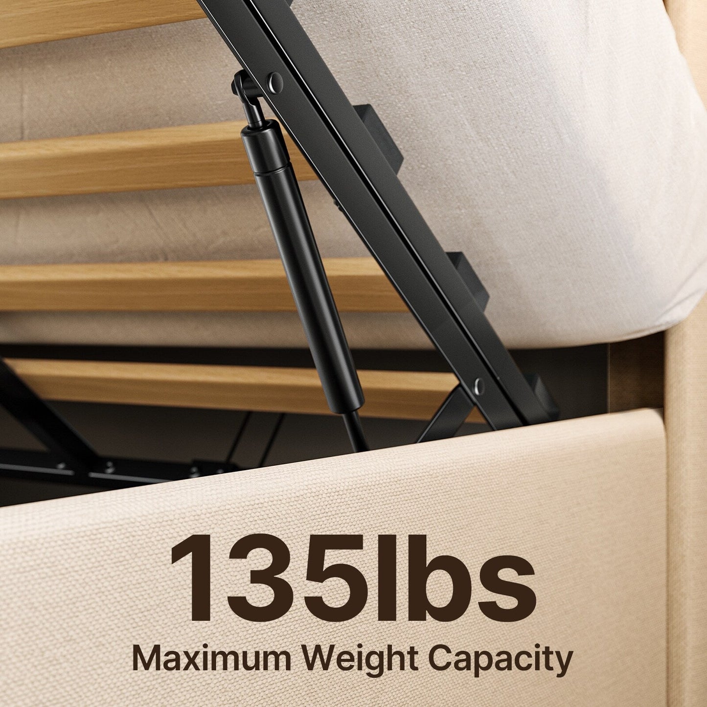 Cadre de lit coffre relevable, cadre de lit plateforme capitonné avec système de rangement hydraulique et tête de lit.