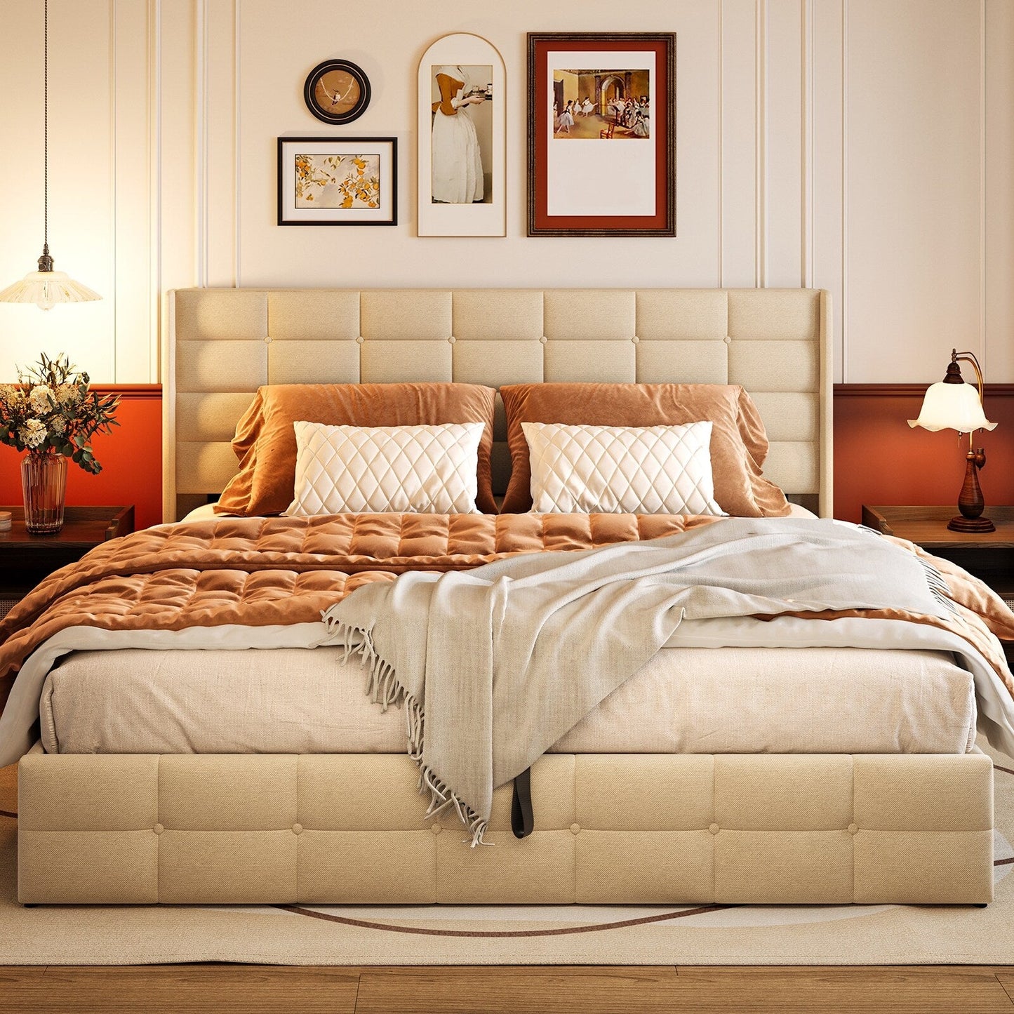 Cadre de lit coffre relevable, cadre de lit plateforme capitonné avec système de rangement hydraulique et tête de lit.