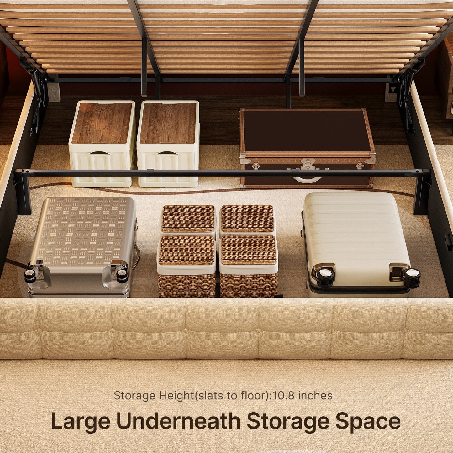 Cadre de lit coffre relevable, cadre de lit plateforme capitonné avec système de rangement hydraulique et tête de lit.