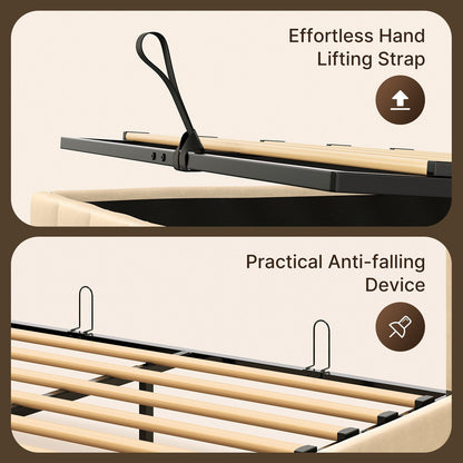 Cadre de lit coffre relevable, cadre de lit plateforme capitonné avec système de rangement hydraulique et tête de lit.