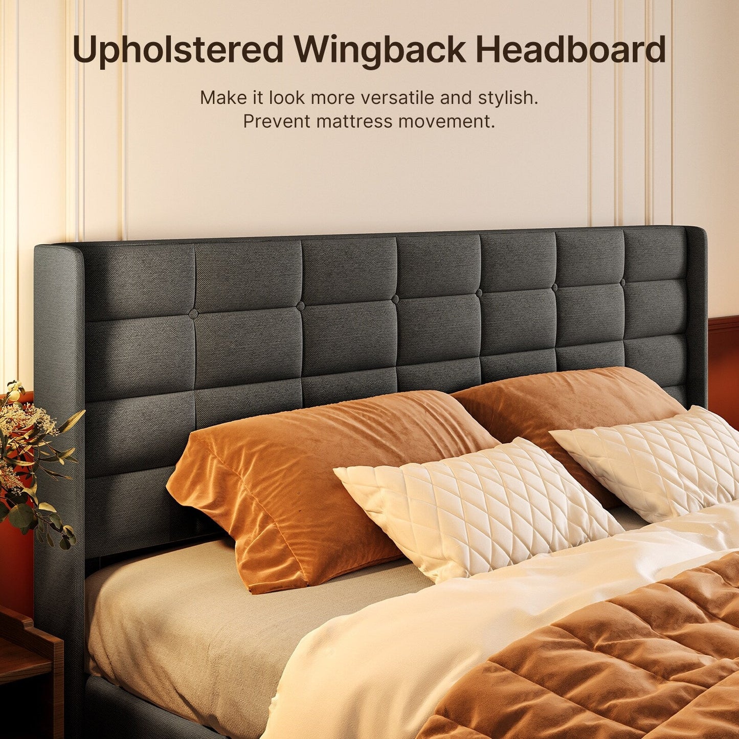 Cadre de lit coffre relevable, cadre de lit plateforme capitonné avec système de rangement hydraulique et tête de lit.