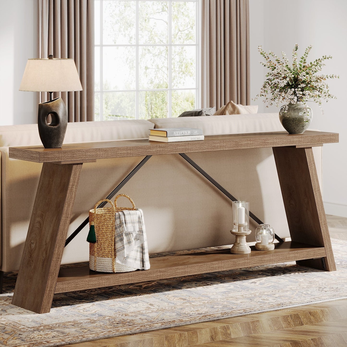 Table console de canapé en bois rustique de 180 cm de long avec étagère de rangement