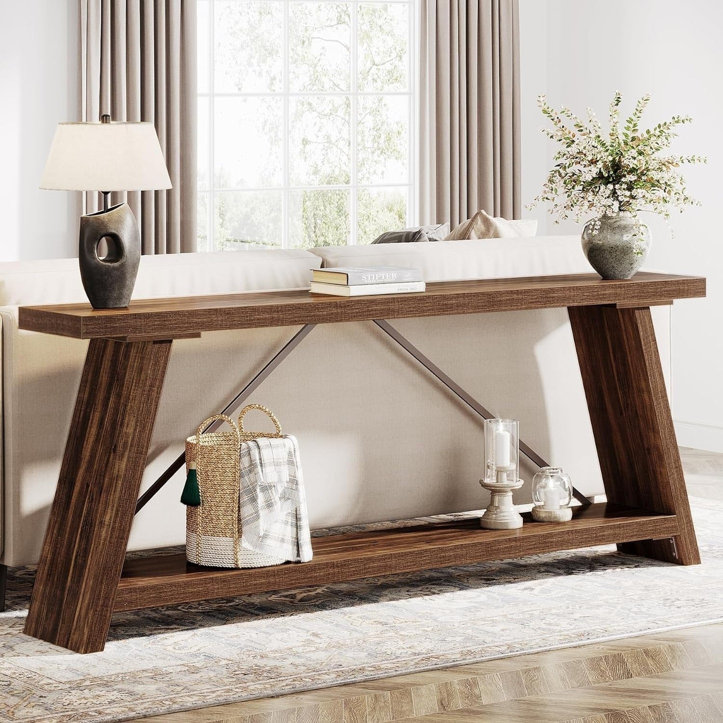 Table console de canapé en bois rustique de 180 cm de long avec étagère de rangement