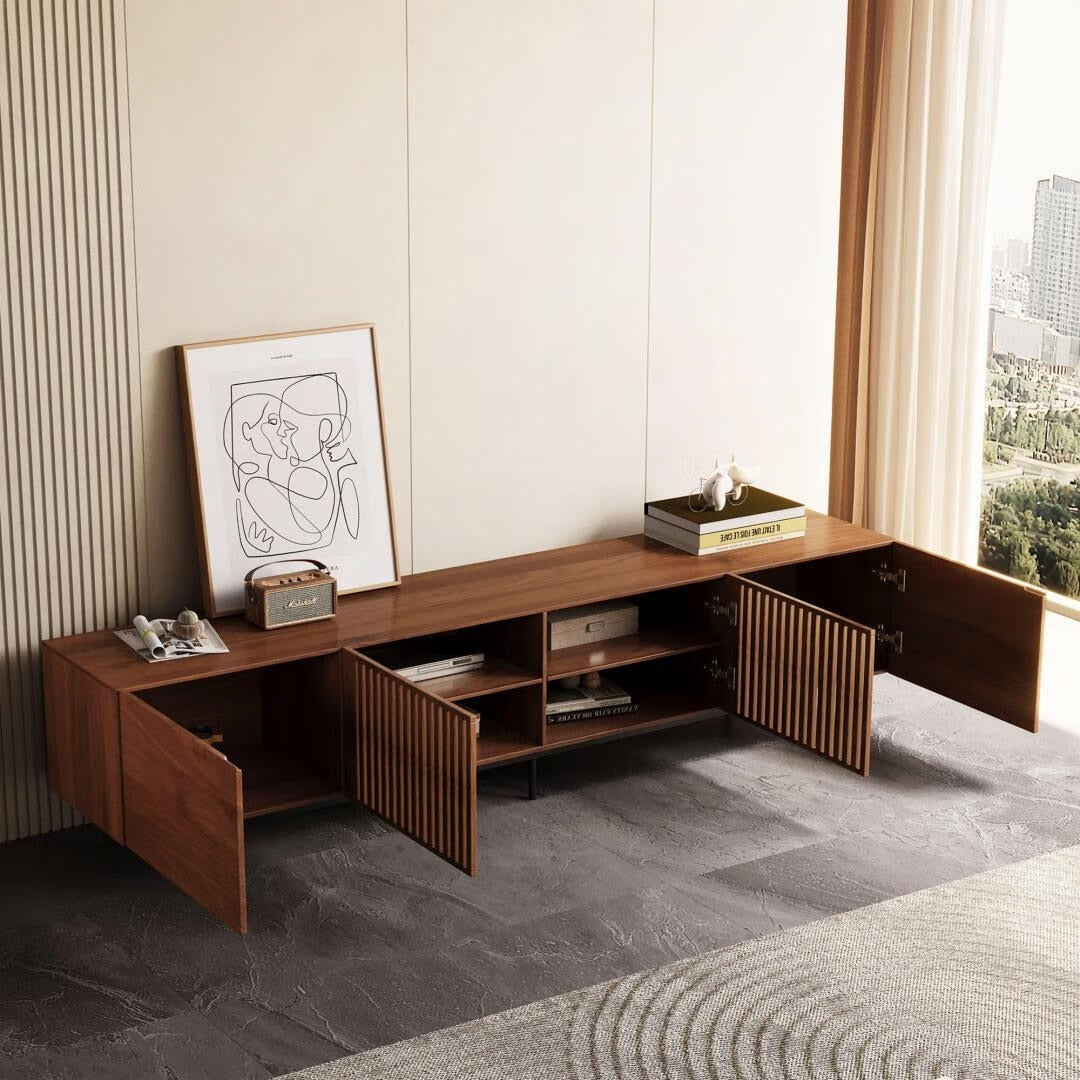 Meuble TV style Mid-Century Modern avec 4 portes et rangements, compatible avec les télévisions jusqu'à 100 pouces, meuble de salon multimédia.