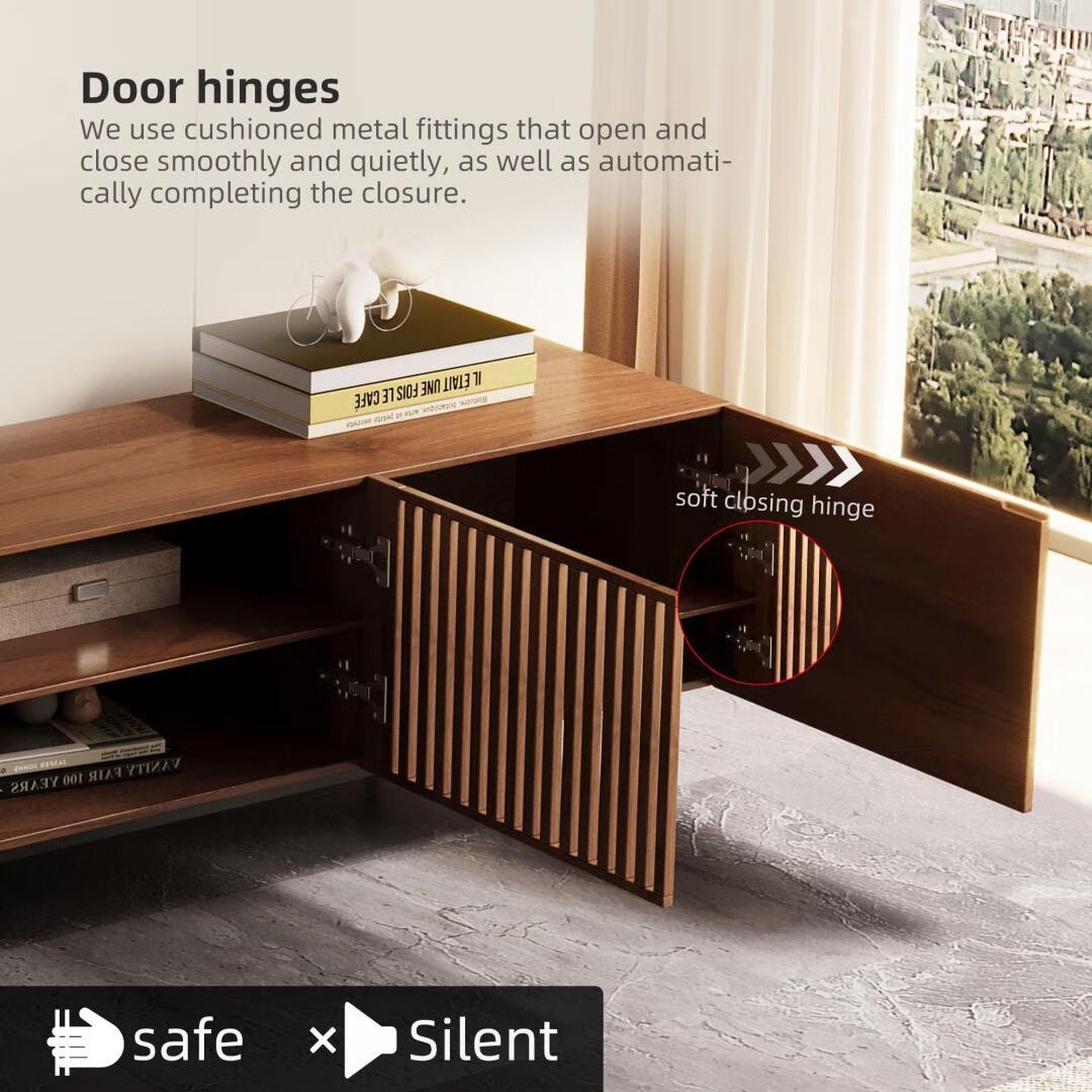 Meuble TV style Mid-Century Modern avec 4 portes et rangements, compatible avec les télévisions jusqu'à 100 pouces, meuble de salon multimédia.