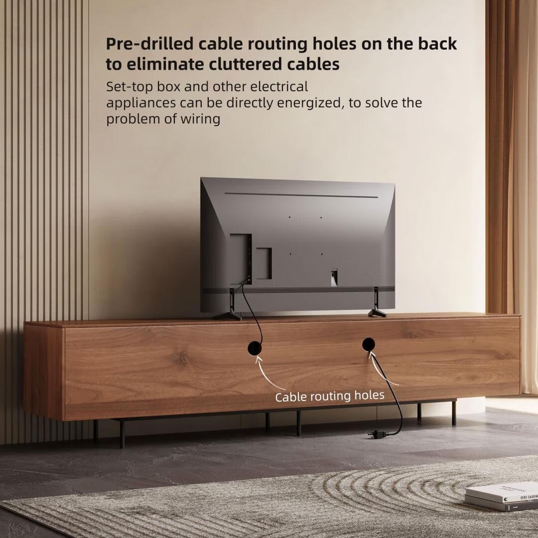 Meuble TV style Mid-Century Modern avec 4 portes et rangements, compatible avec les télévisions jusqu'à 100 pouces, meuble de salon multimédia.