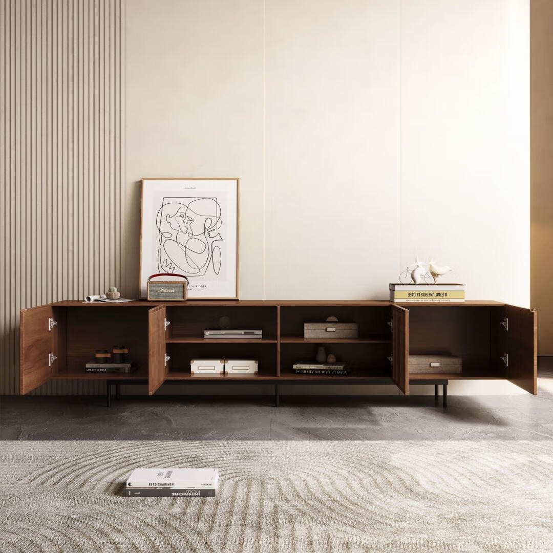 Meuble TV style Mid-Century Modern avec 4 portes et rangements, compatible avec les télévisions jusqu'à 100 pouces, meuble de salon multimédia.