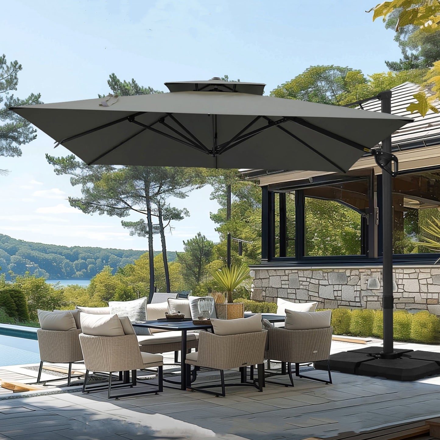 Parasol à baldaquin automatique à levier hydraulique de 3,6 m (12 pieds) MAISON ARTS avec pied en aluminium et rotation à 360 degrés