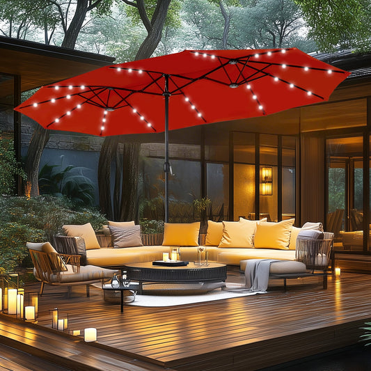 Parasol de jardin rectangulaire MAISON ARTS de 4,5 mètres, à manivelle, double face, avec éclairage solaire LED, pour terrasse, avec socle inclus.
