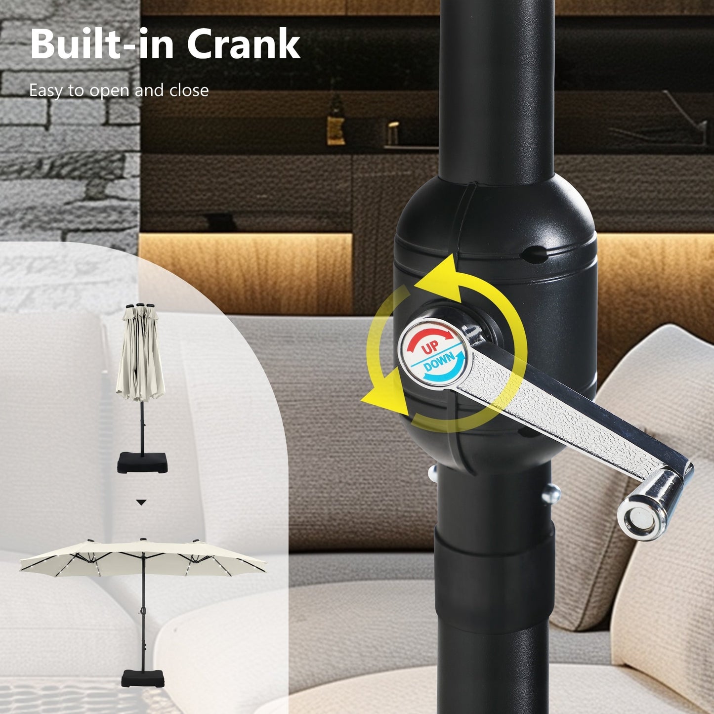 Parasol de jardin rectangulaire MAISON ARTS de 4,5 mètres, à manivelle, double face, avec éclairage solaire LED, pour terrasse, avec socle inclus.