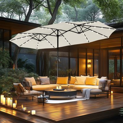 Parasol de jardin rectangulaire MAISON ARTS de 4,5 mètres, à manivelle, double face, avec éclairage solaire LED, pour terrasse, avec socle inclus.