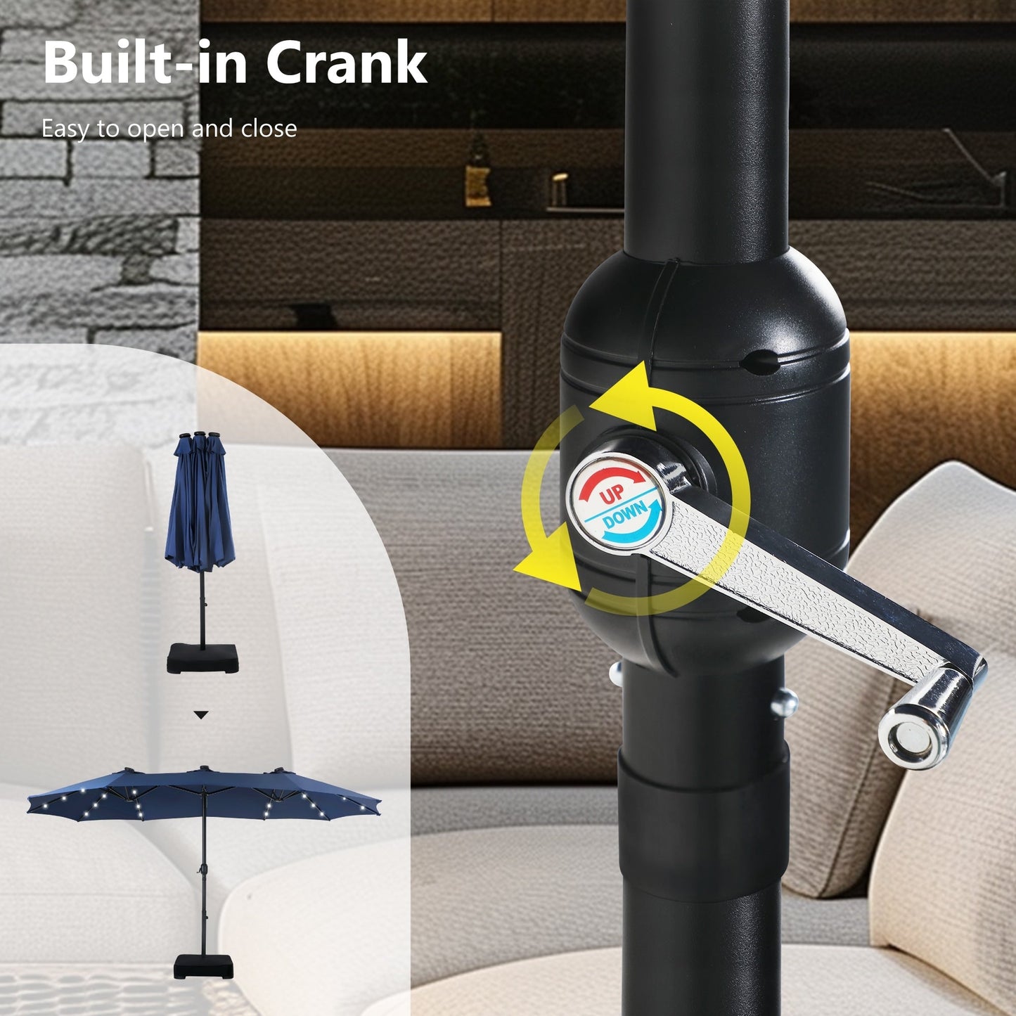 Parasol de jardin rectangulaire MAISON ARTS de 4,5 mètres, à manivelle, double face, avec éclairage solaire LED, pour terrasse, avec socle inclus.