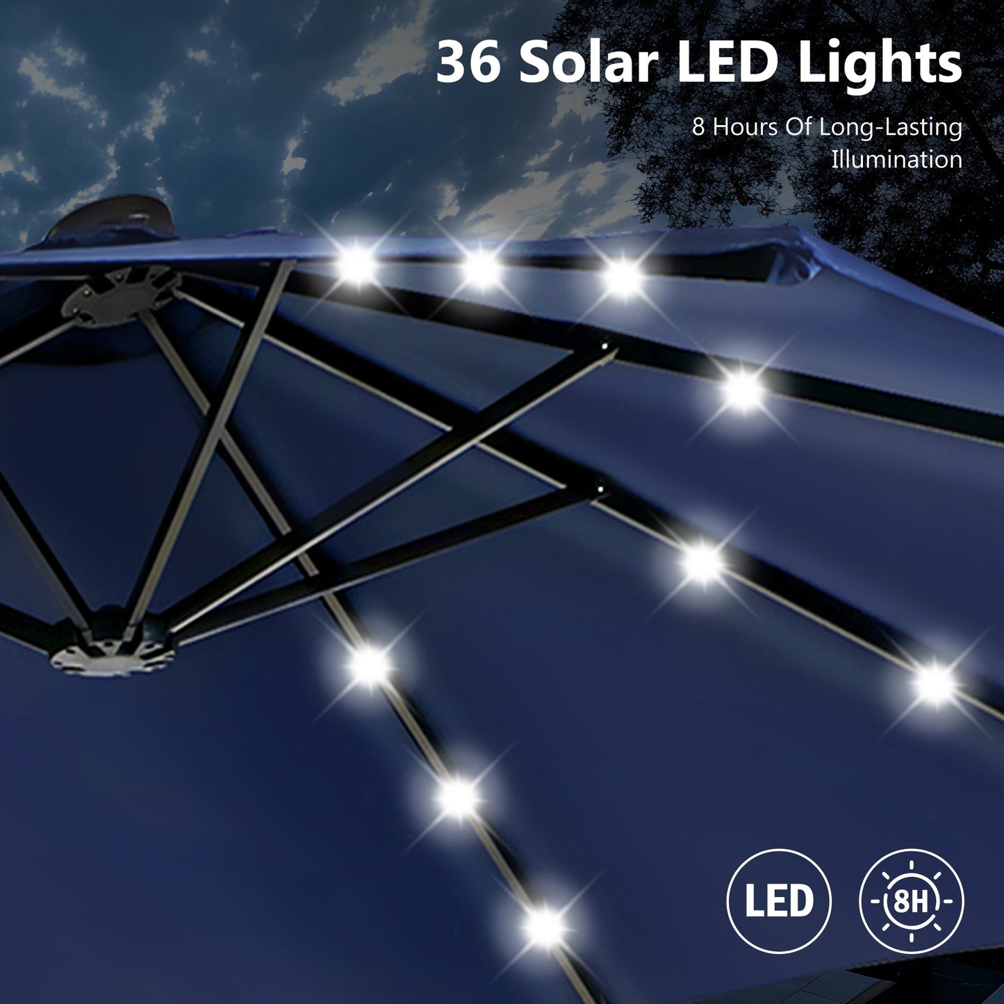 Parasol de jardin rectangulaire MAISON ARTS de 4,5 mètres, à manivelle, double face, avec éclairage solaire LED, pour terrasse, avec socle inclus.