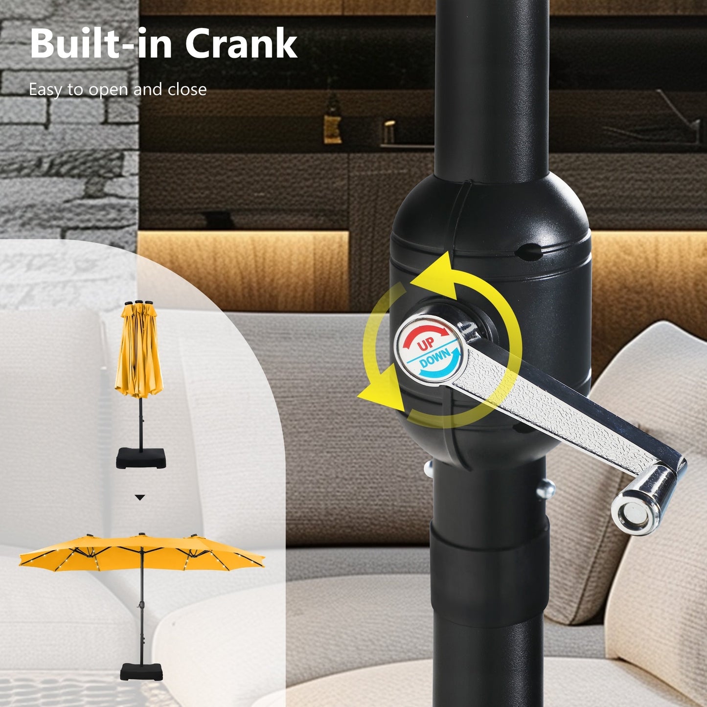 Parasol de jardin rectangulaire MAISON ARTS de 4,5 mètres, à manivelle, double face, avec éclairage solaire LED, pour terrasse, avec socle inclus.