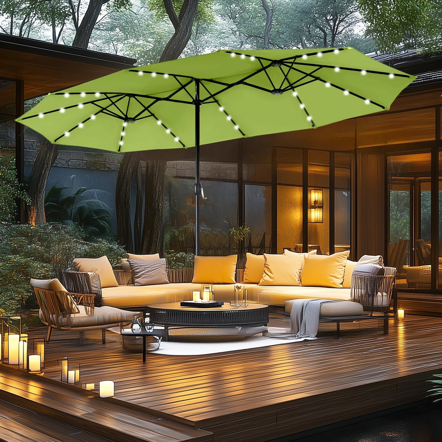 Parasol de jardin rectangulaire MAISON ARTS de 4,5 mètres, à manivelle, double face, avec éclairage solaire LED, pour terrasse, avec socle inclus.