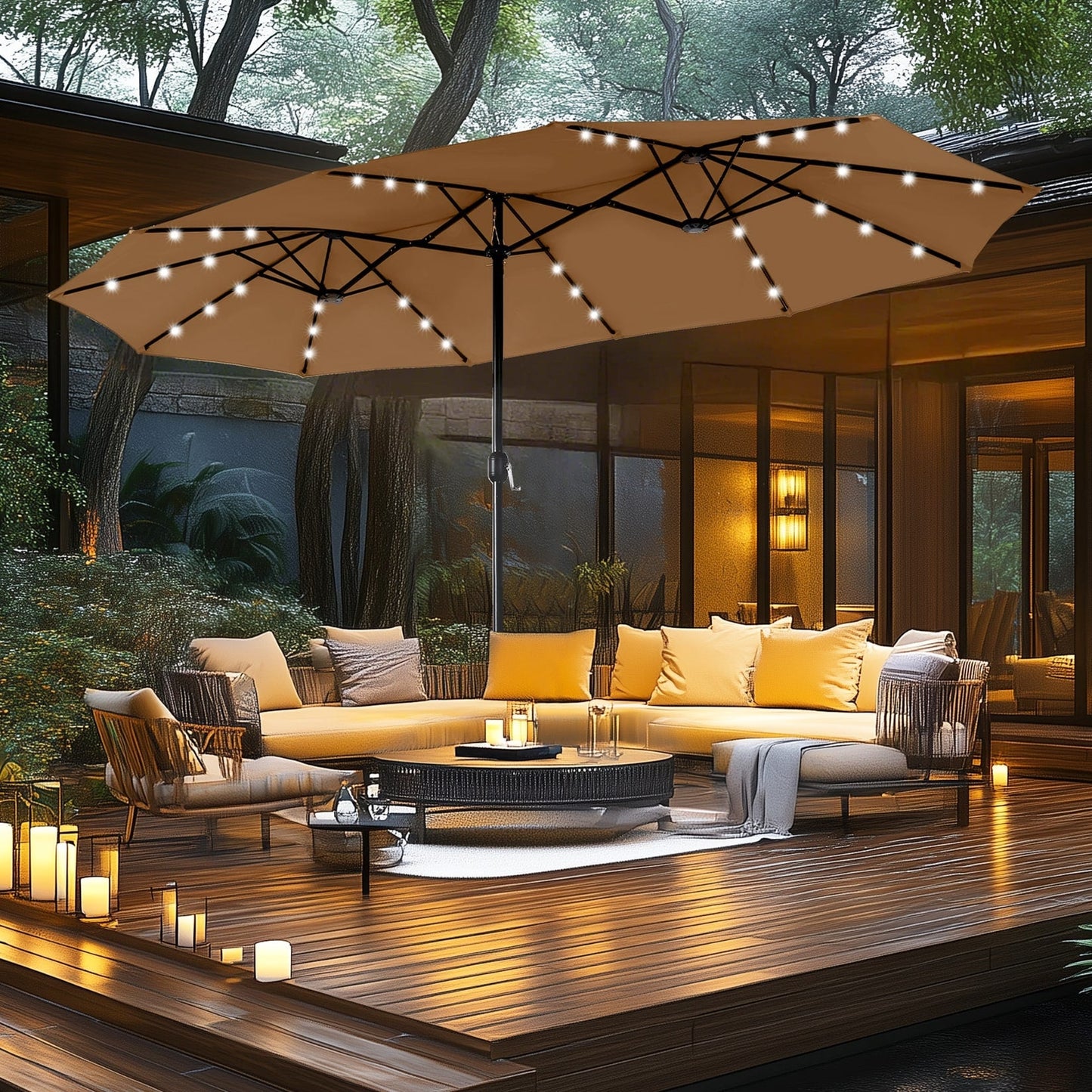 Parasol de jardin rectangulaire MAISON ARTS de 4,5 mètres, à manivelle, double face, avec éclairage solaire LED, pour terrasse, avec socle inclus.