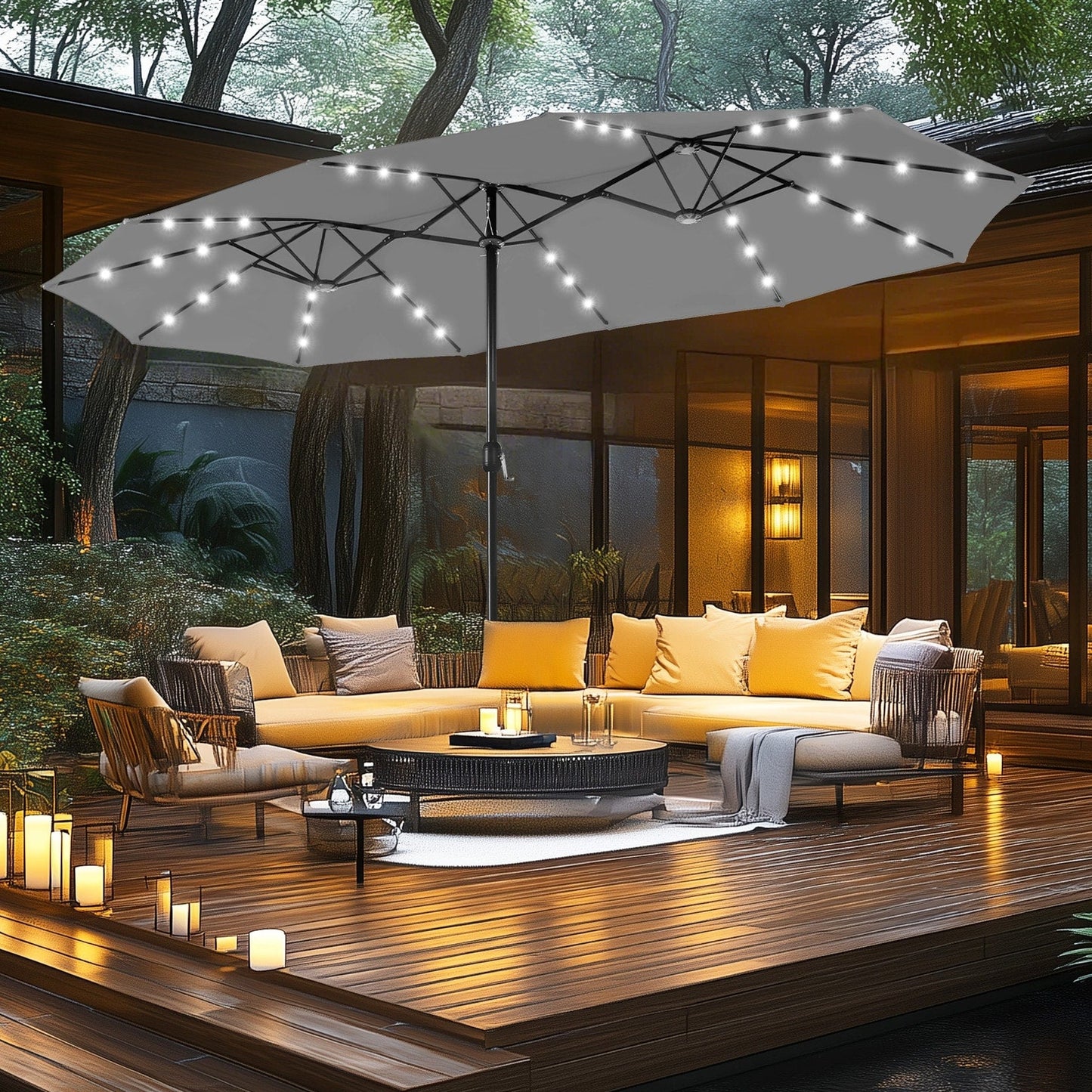 Parasol de jardin rectangulaire MAISON ARTS de 4,5 mètres, à manivelle, double face, avec éclairage solaire LED, pour terrasse, avec socle inclus.