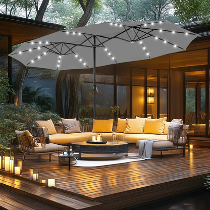 Parasol de jardin rectangulaire MAISON ARTS de 4,5 mètres, à manivelle, double face, avec éclairage solaire LED, pour terrasse, avec socle inclus.