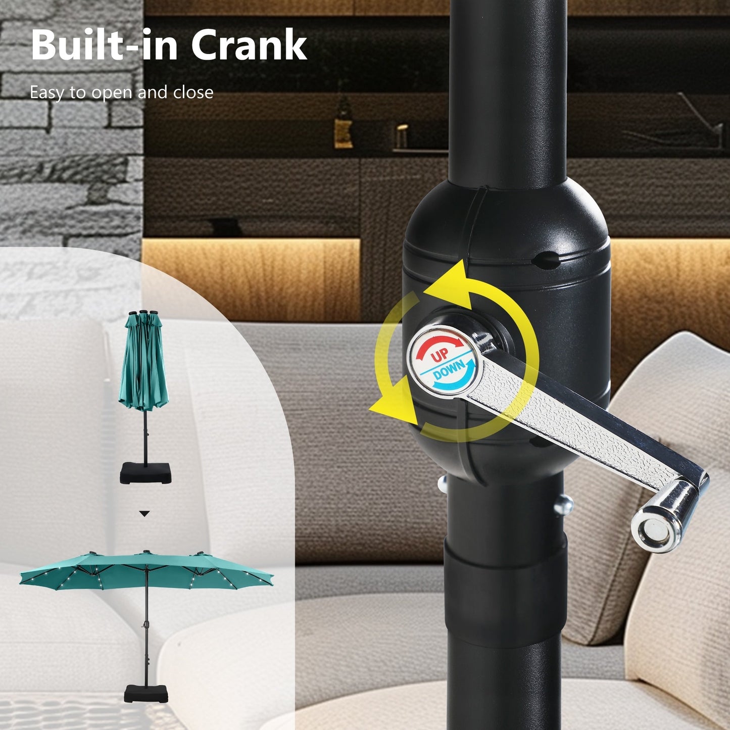 Parasol de jardin rectangulaire MAISON ARTS de 4,5 mètres, à manivelle, double face, avec éclairage solaire LED, pour terrasse, avec socle inclus.