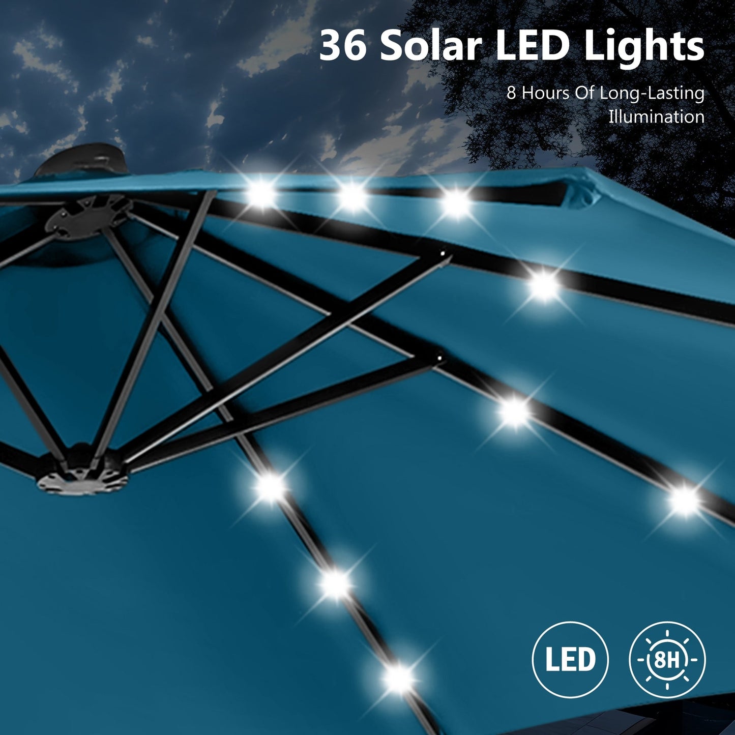 Parasol de jardin rectangulaire MAISON ARTS de 4,5 mètres, à manivelle, double face, avec éclairage solaire LED, pour terrasse, avec socle inclus.