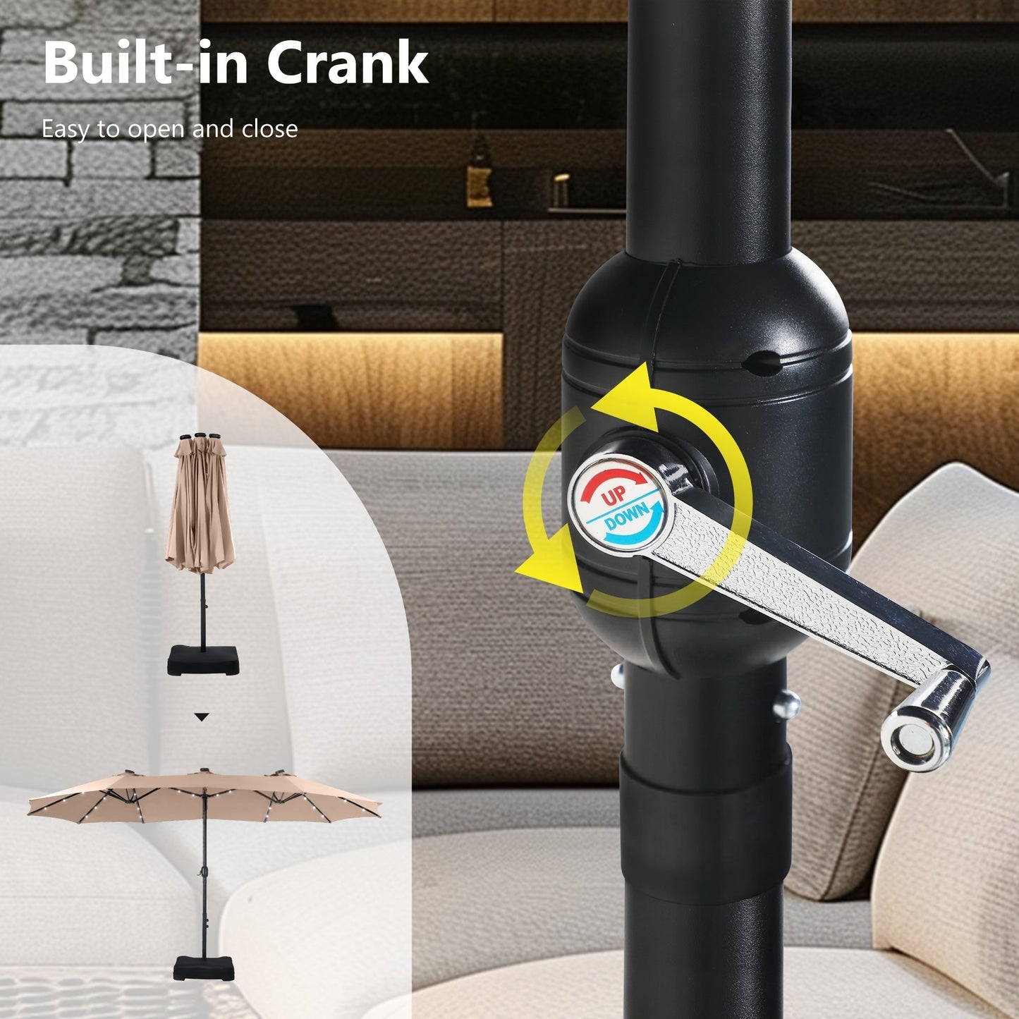 Parasol de jardin rectangulaire MAISON ARTS de 4,5 mètres, à manivelle, double face, avec éclairage solaire LED, pour terrasse, avec socle inclus.