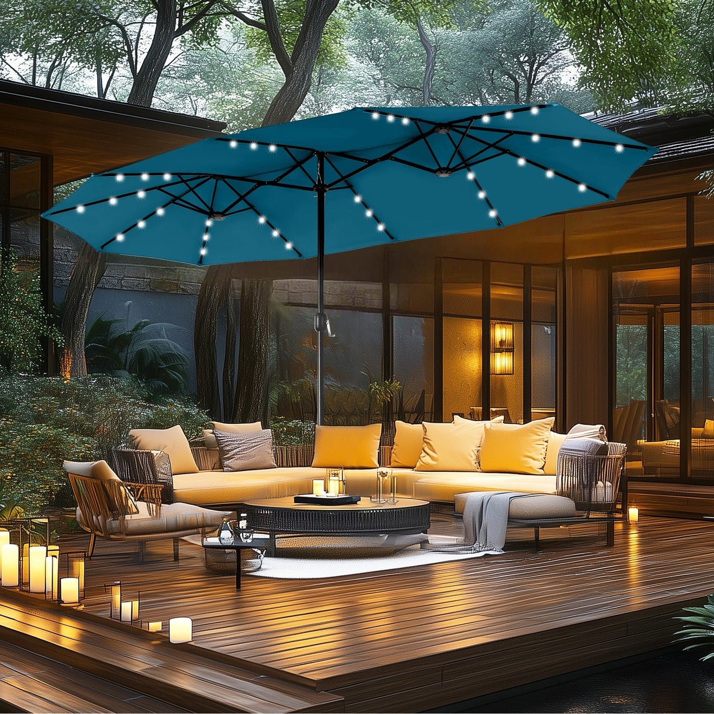 Parasol de jardin rectangulaire MAISON ARTS de 4,5 mètres, à manivelle, double face, avec éclairage solaire LED, pour terrasse, avec socle inclus.