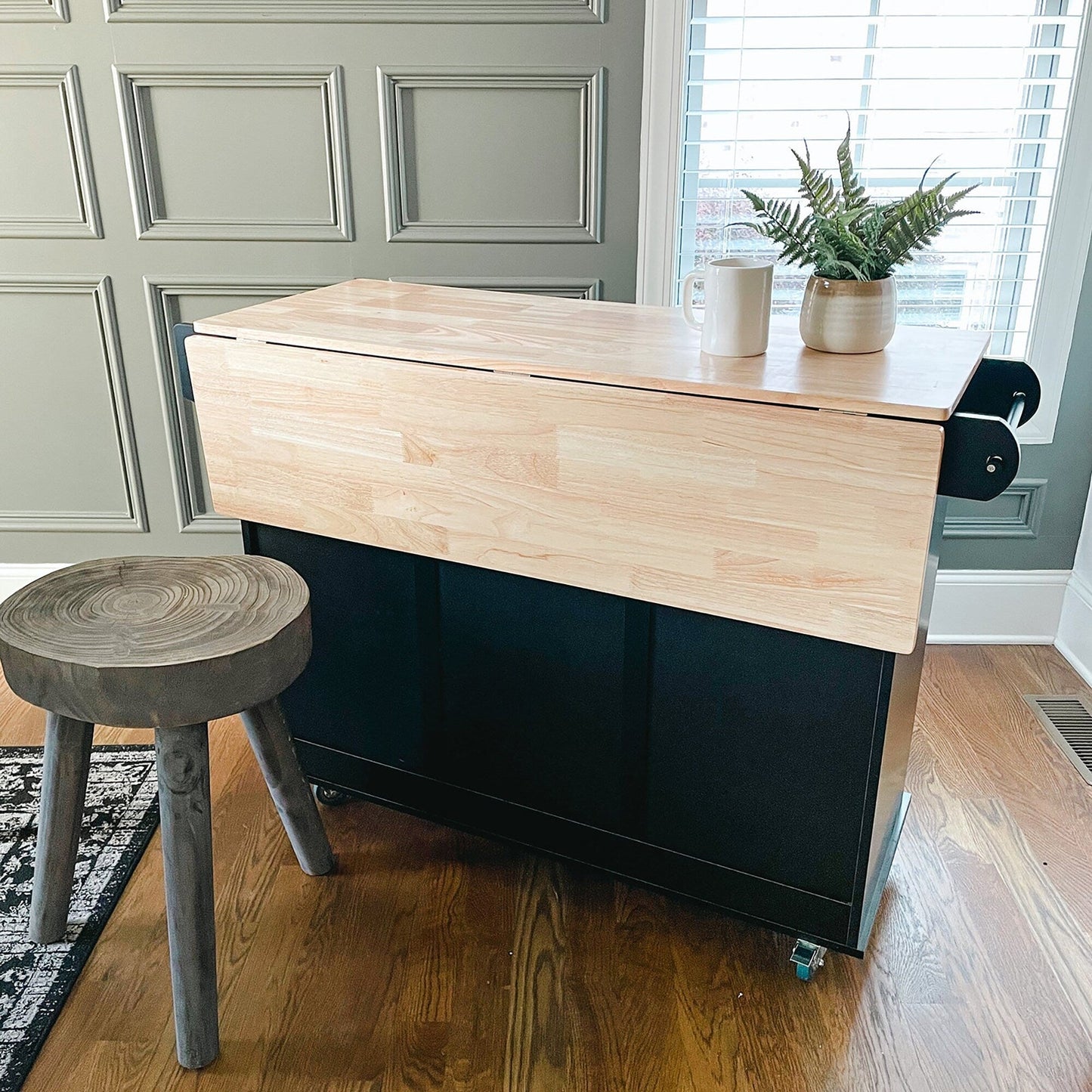 Chariot d'îlot de cuisine Sophia &amp; William avec plateau rabattable et plateau en bois de caoutchouc, chariot de cuisine roulant avec grand placard de rangement