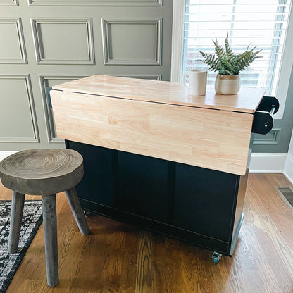 Chariot d'îlot de cuisine Sophia &amp; William avec plateau rabattable et plateau en bois de caoutchouc, chariot de cuisine roulant avec grand placard de rangement