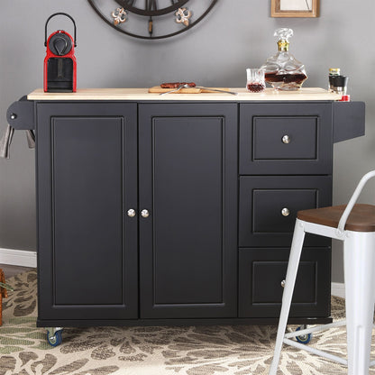 Chariot d'îlot de cuisine Sophia &amp; William avec plateau rabattable et plateau en bois de caoutchouc, chariot de cuisine roulant avec grand placard de rangement