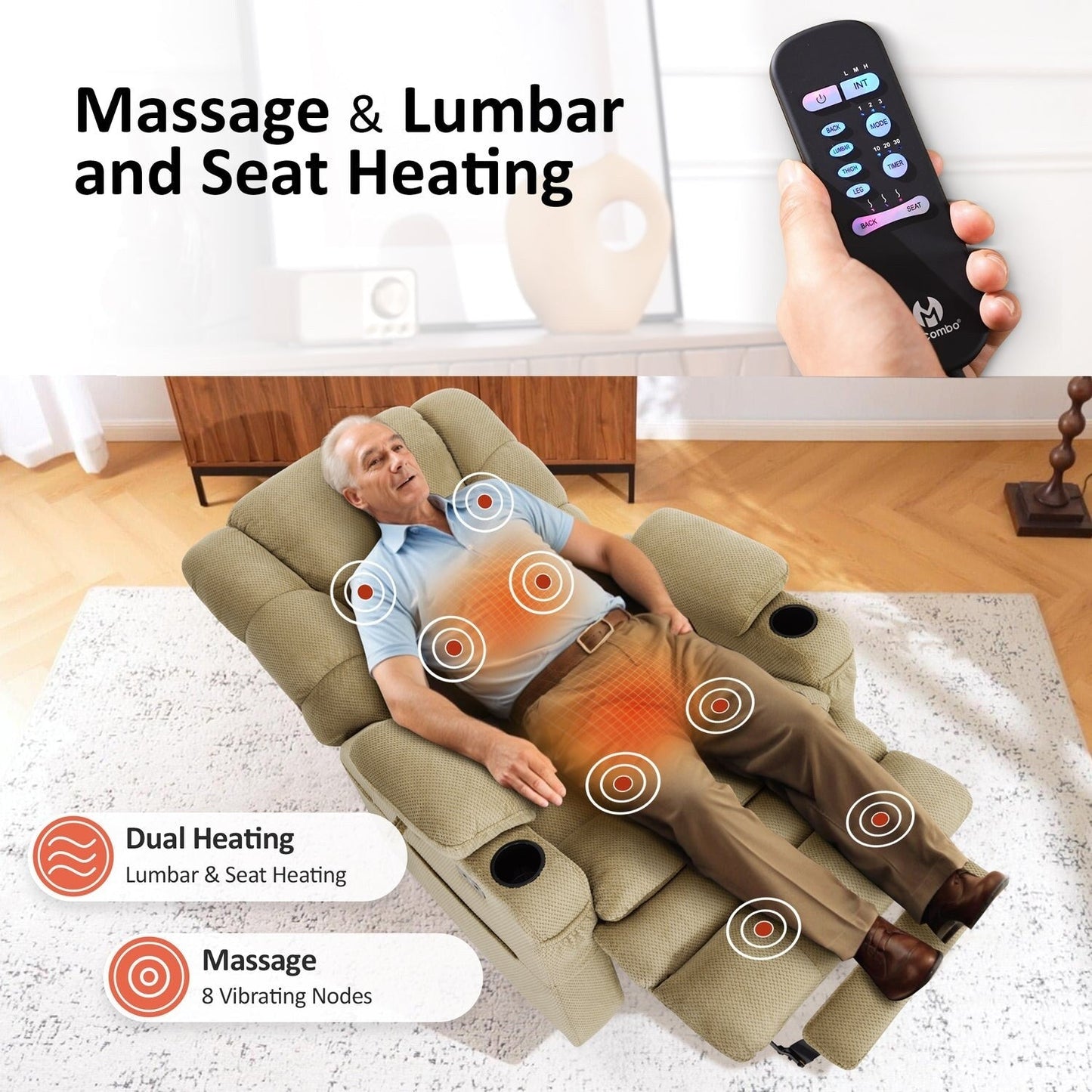 MCombo Large-Wide Dual Motor Power Lift Recliner with Massage and Dual Heating for Big and Tall Elderly, Fabric R7635