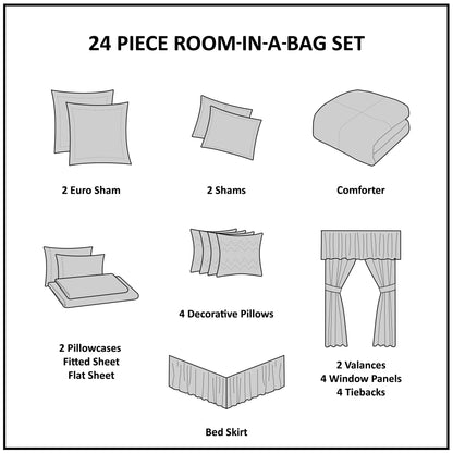 Madison Park Essentials Loretta, ensemble de 24 pièces pour chambre à coucher avec panneaux de fenêtre et ensemble de draps