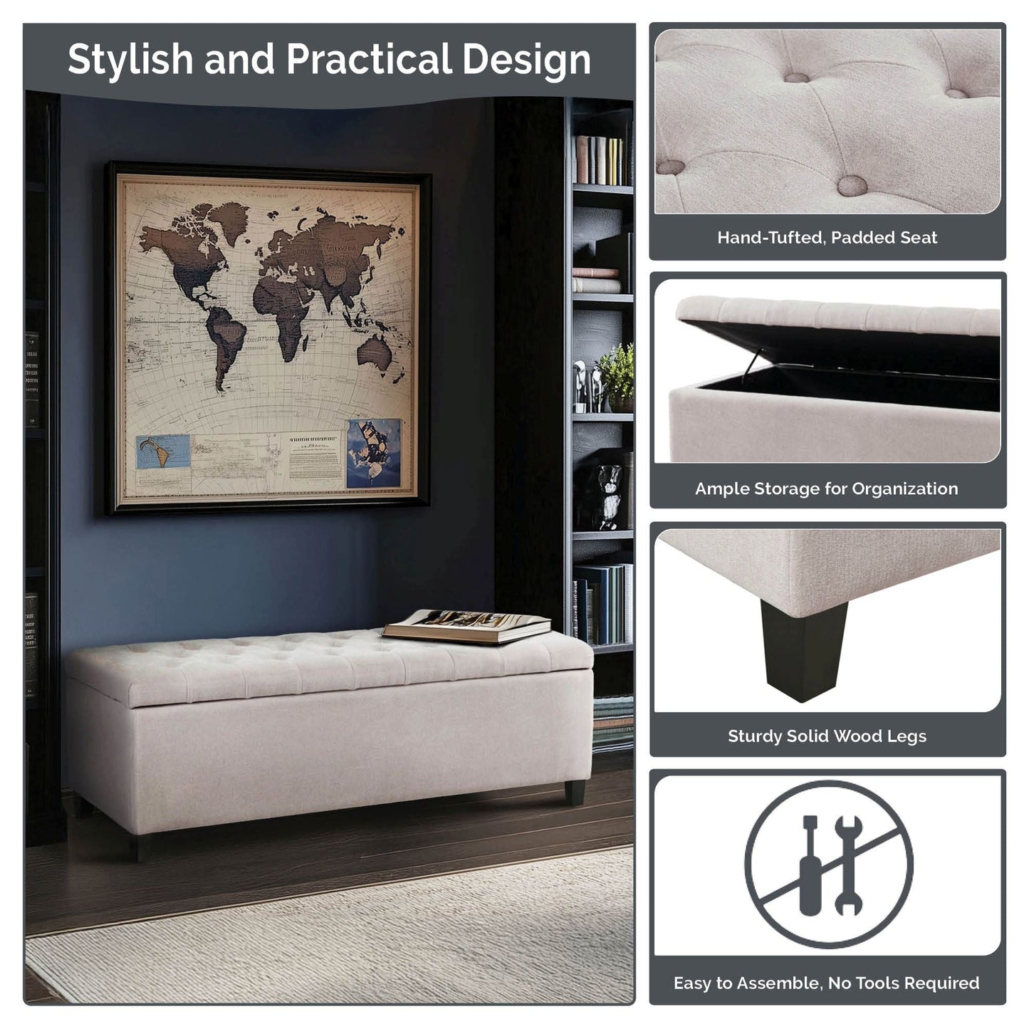 Banc de rangement capitonné et rembourré Madison Park Sasha