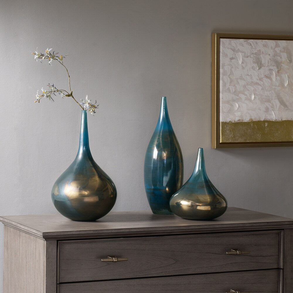 Vases décoratifs en verre Aurora bleu et bronze de Madison Park Signature, ensemble de 3 pièces