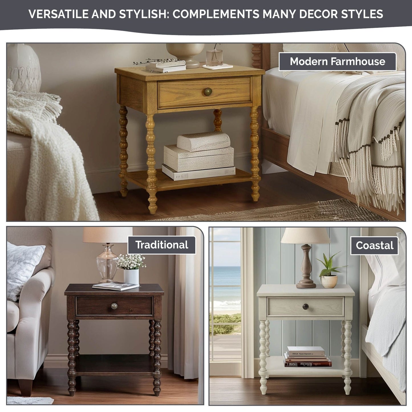 Table de chevet Madison Park Signature Beckett en bois tourné avec tiroir et étagère