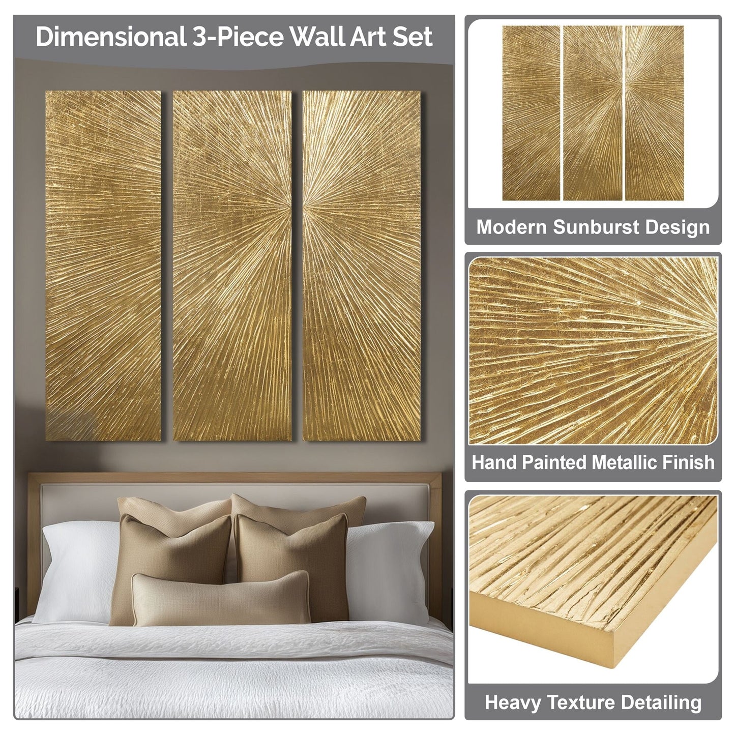 Ensemble de 3 panneaux muraux en résine multidimensionnelle, triptyque à rayons de soleil peints à la main, Madison Park Signature.