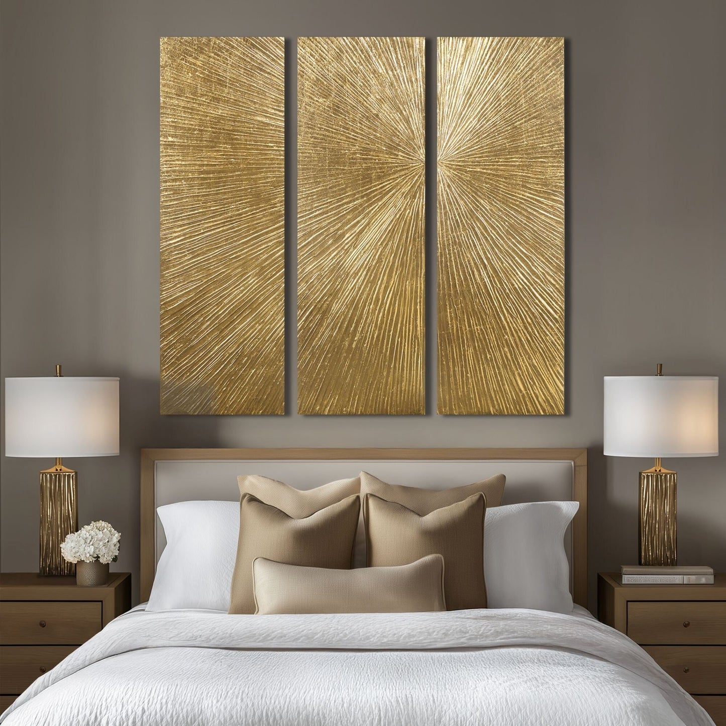 Ensemble de 3 panneaux muraux en résine multidimensionnelle, triptyque à rayons de soleil peints à la main, Madison Park Signature.