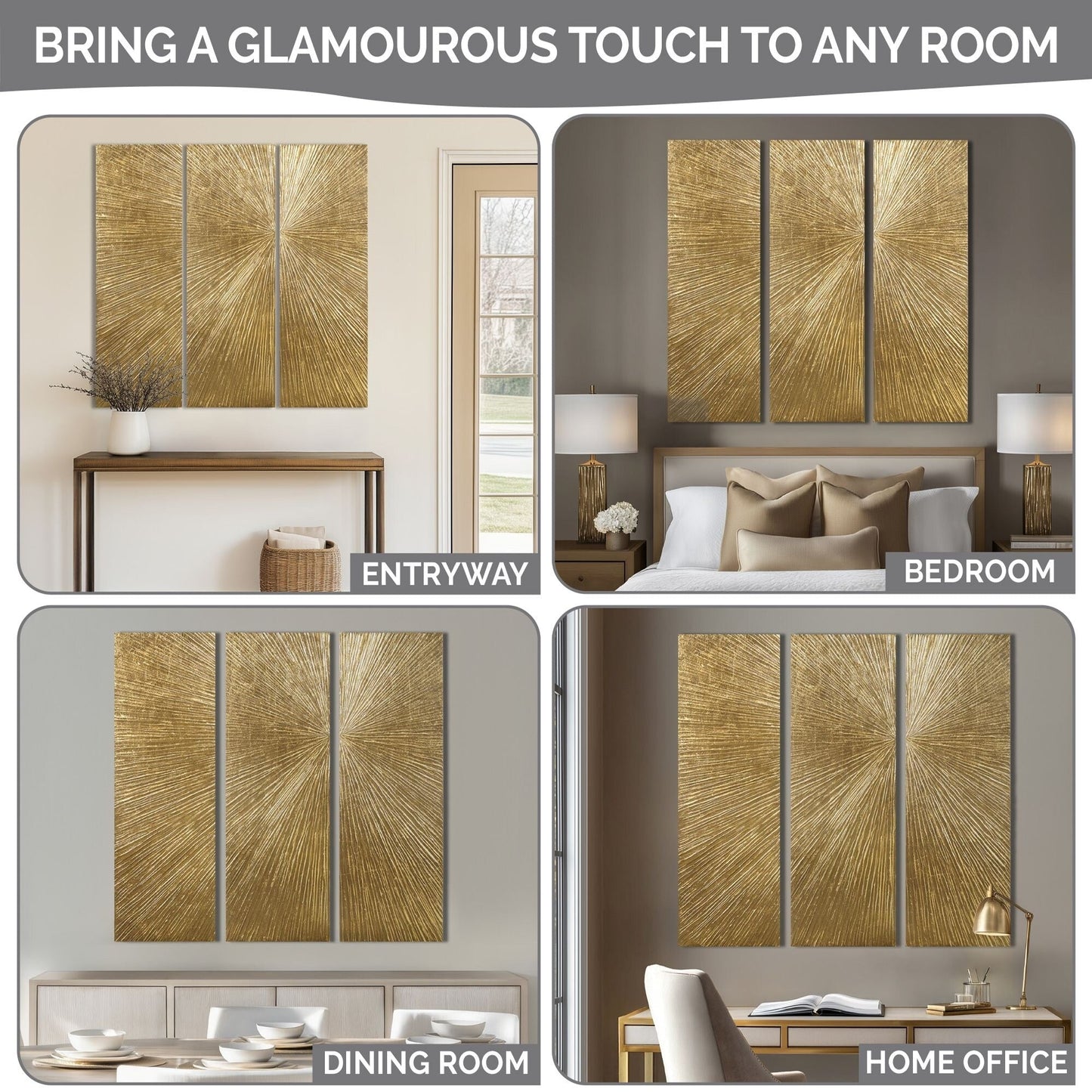 Ensemble de 3 panneaux muraux en résine multidimensionnelle, triptyque à rayons de soleil peints à la main, Madison Park Signature.