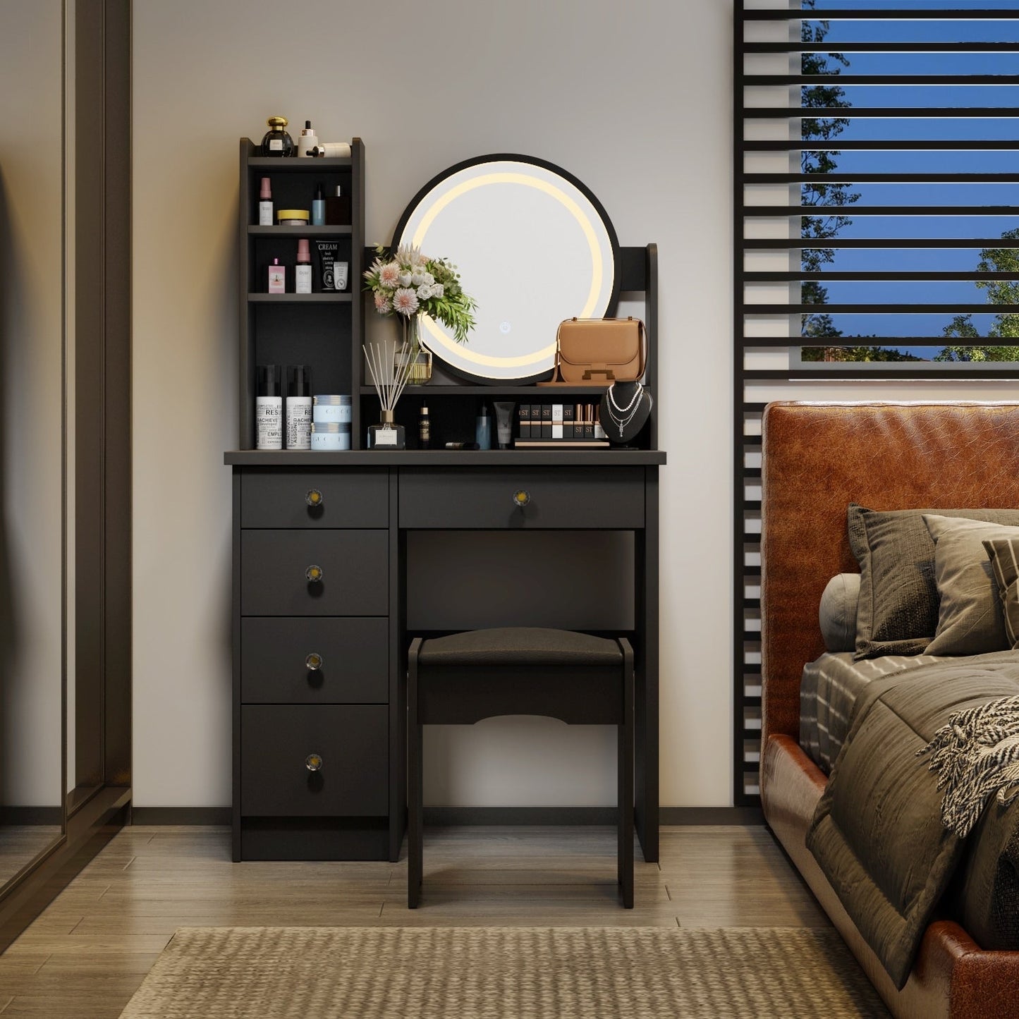 Ensemble coiffeuse avec miroir à écran tactile et tabouret