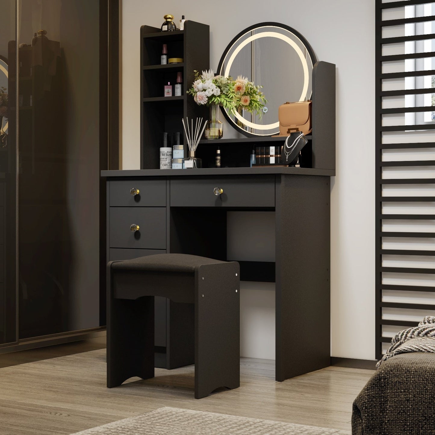 Ensemble coiffeuse avec miroir à écran tactile et tabouret